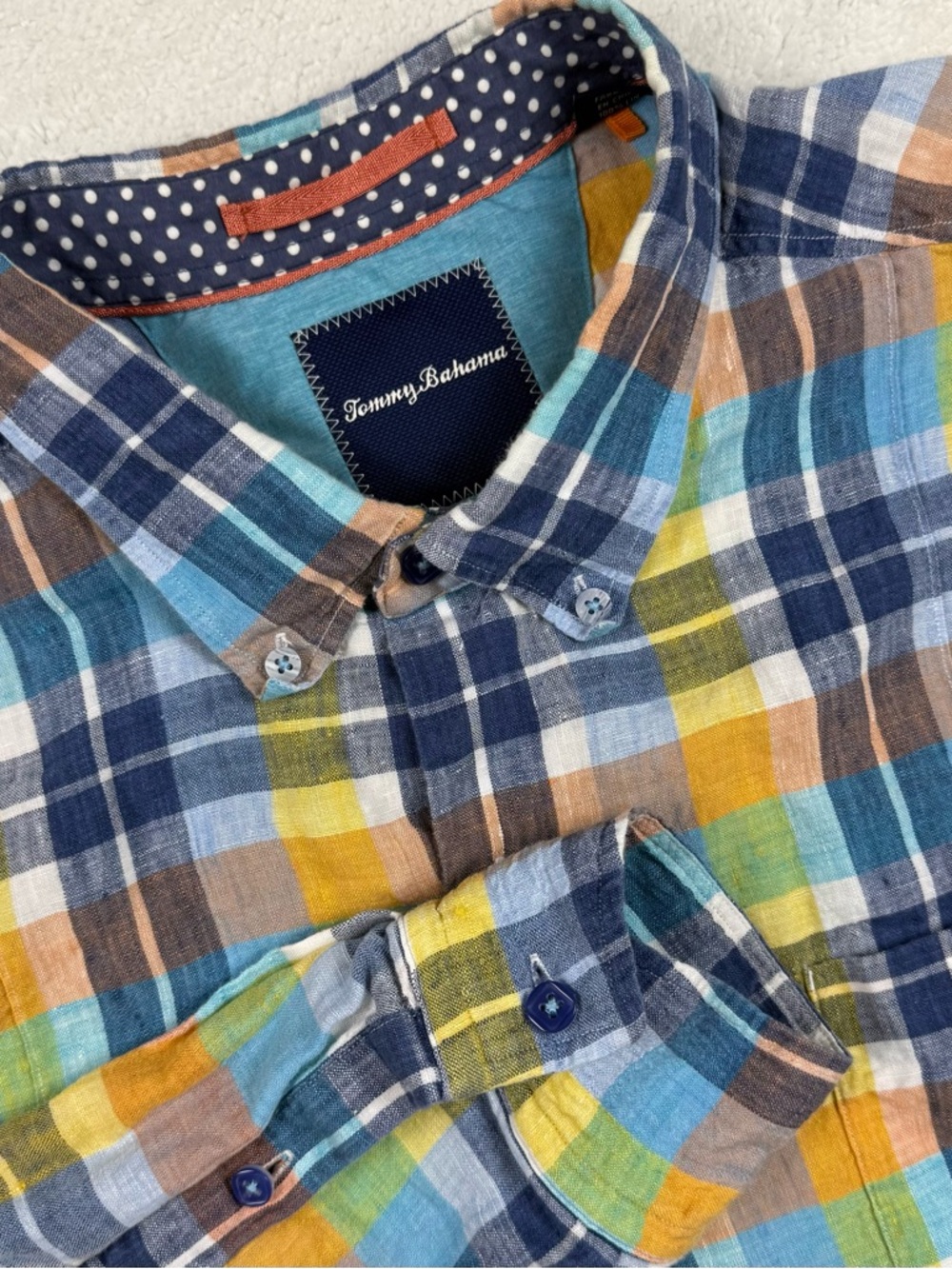 Tommy Bahama Men's XL 100% Linen Button Down Shirt Colorful Plaid Long Sleeve